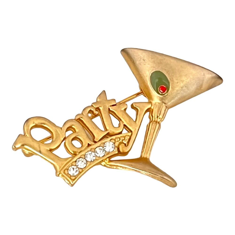 Vintage 1980s Pin Martini Glass Gold Tone Crystals "PARTY" - 3A